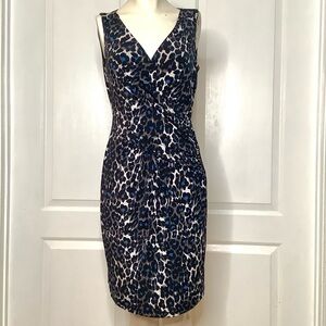 DONNA MORGAN Black & Blue Leopard Print Sheath Dress Sleeveless  Ruching Lined